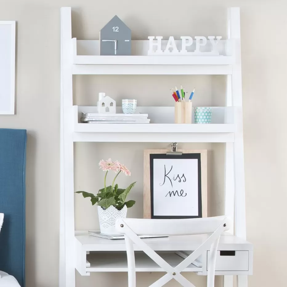 Shop Bassay Bureau en bois laqué blanc avec tiroirs et étagère Bureau | Bureaux Et Tables D'étude