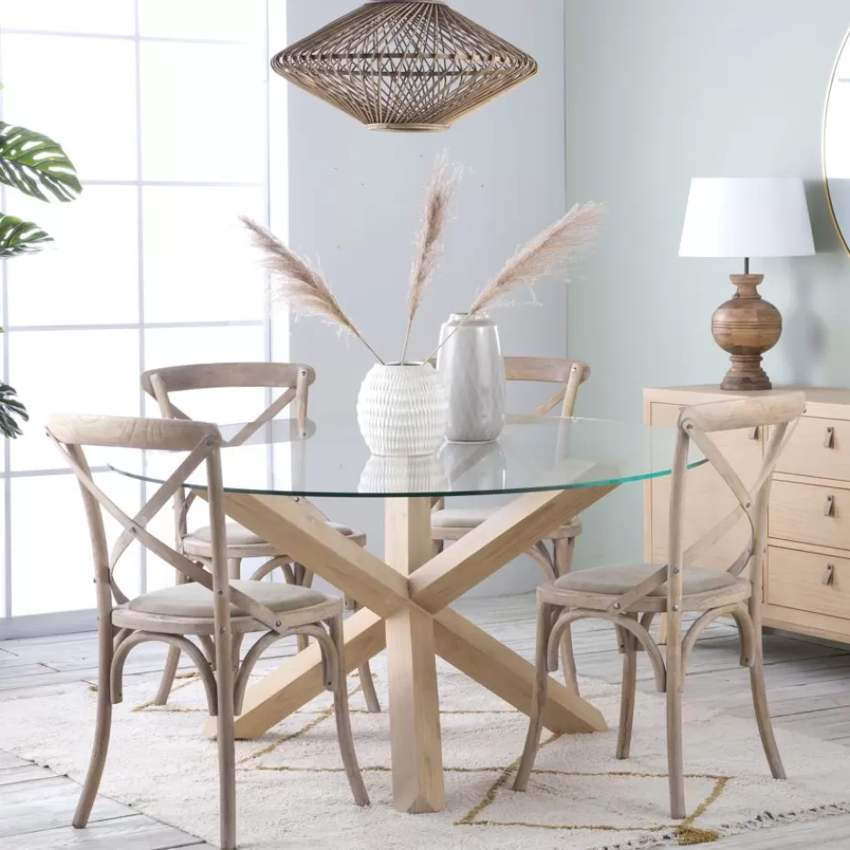 Sale Carot Mesa de comedor de madera maciza natural y cristal redondo de 120 cm Salles À Manger | Tables En Verre