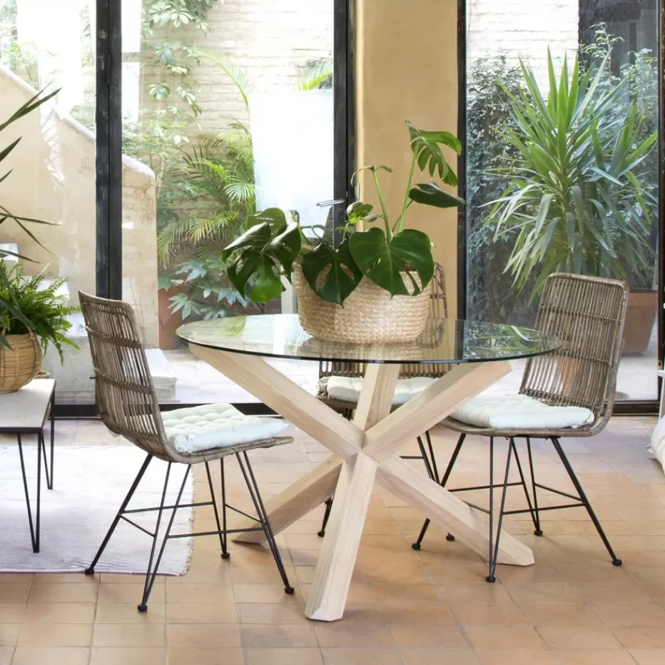 Hot Carot Mesa de comedor de madera maciza natural y cristal redondo de 140 cm Salles À Manger | Tables En Verre
