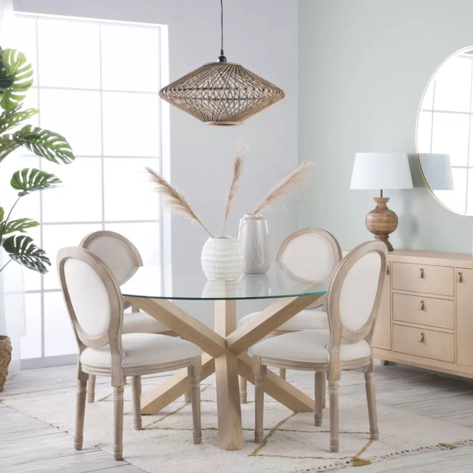 Sale Carot Mesa de comedor de madera maciza natural y cristal redondo de 120 cm Salles À Manger | Tables En Verre