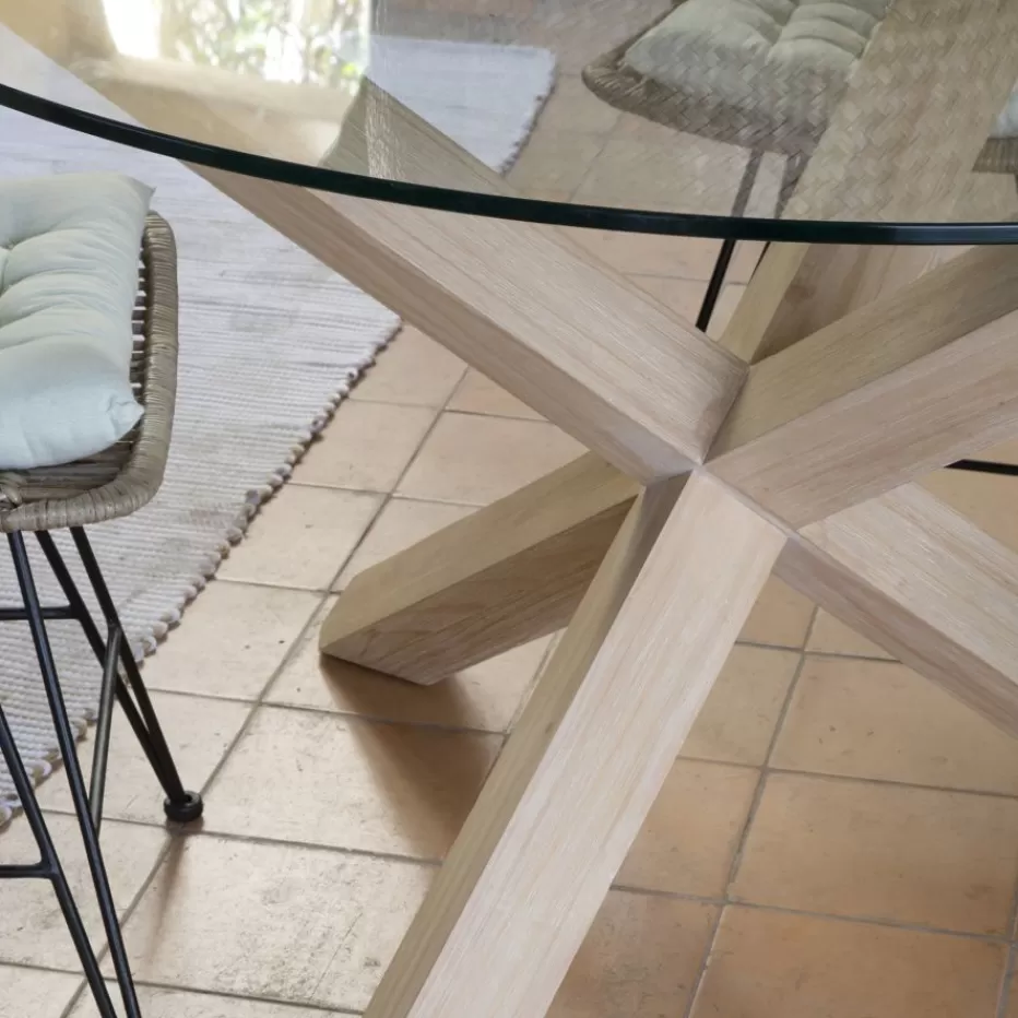 Sale Carot Mesa de comedor de madera maciza natural y cristal redondo de 120 cm Salles À Manger | Tables En Verre