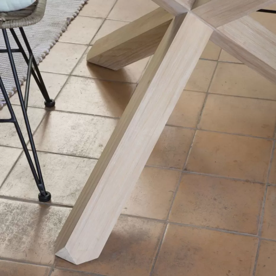 Sale Carot Mesa de comedor de madera maciza natural y cristal redondo de 120 cm Salles À Manger | Tables En Verre