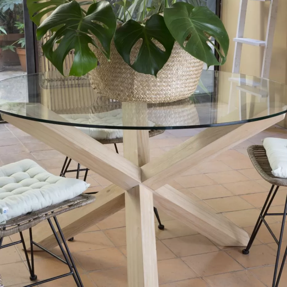 Sale Carot Mesa de comedor de madera maciza natural y cristal redondo de 120 cm Salles À Manger | Tables En Verre