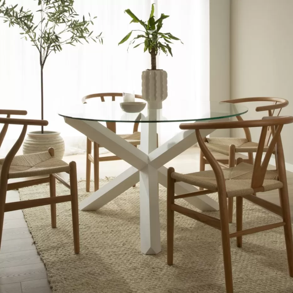 New Carot Table à manger en bois massif laqué blanc et verre rond de 120 cm Salles À Manger | Tables En Verre