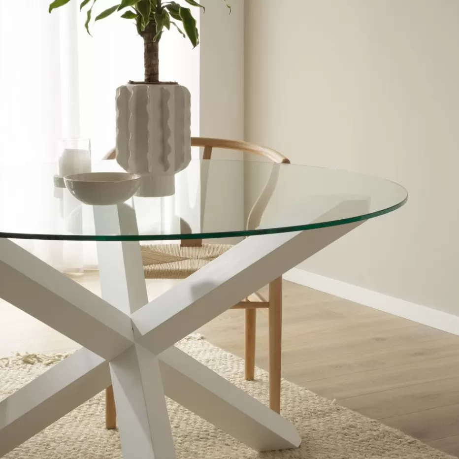 New Carot Table à manger en bois massif laqué blanc et verre rond de 120 cm Salles À Manger | Tables En Verre