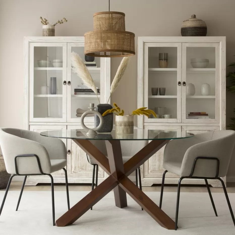Discount Carot Table à manger en bois massif teck et verre rond de 120 cm Salles À Manger | Tables En Verre