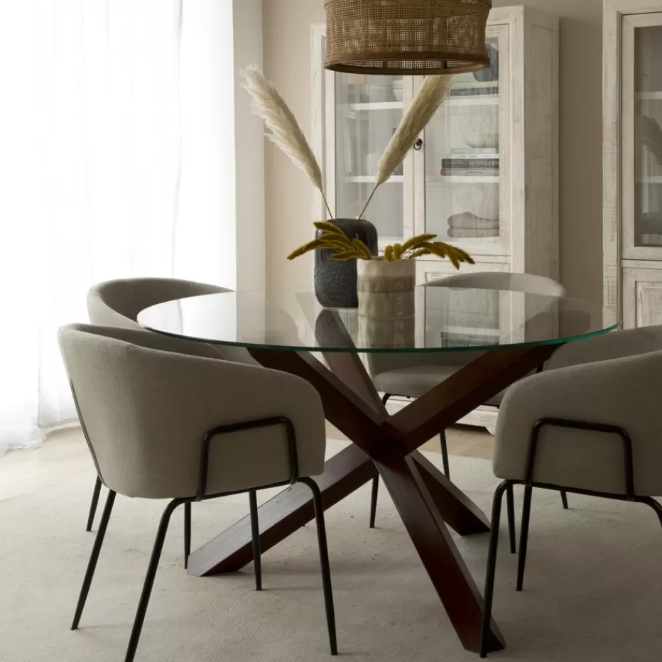 Discount Carot Table à manger en bois massif teck et verre rond de 120 cm Salles À Manger | Tables En Verre