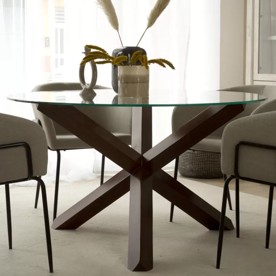 Discount Carot Table à manger en bois massif teck et verre rond de 120 cm Salles À Manger | Tables En Verre