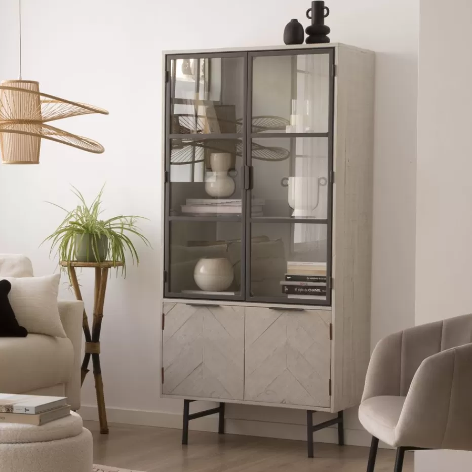 Sale Enzo Vitrine en bois massif et métal couleur blanc wild Salles À Manger | Buffets Et Vitrines