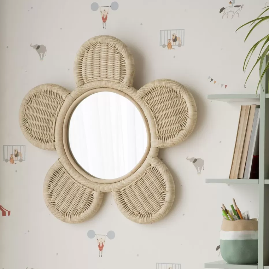 Fashion Fleur Miroir mural rond en forme de fleur en rotin naturel Enfant Chambre Pour Jeunes Et Enfants | Décoration Murale Pour Enfants
