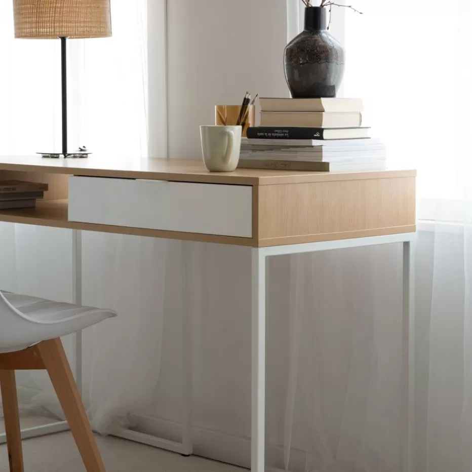 Hot Gauguin Bureau en chêne light et métal blanc avec tiroir Bureau | Bureaux Et Tables D'étude