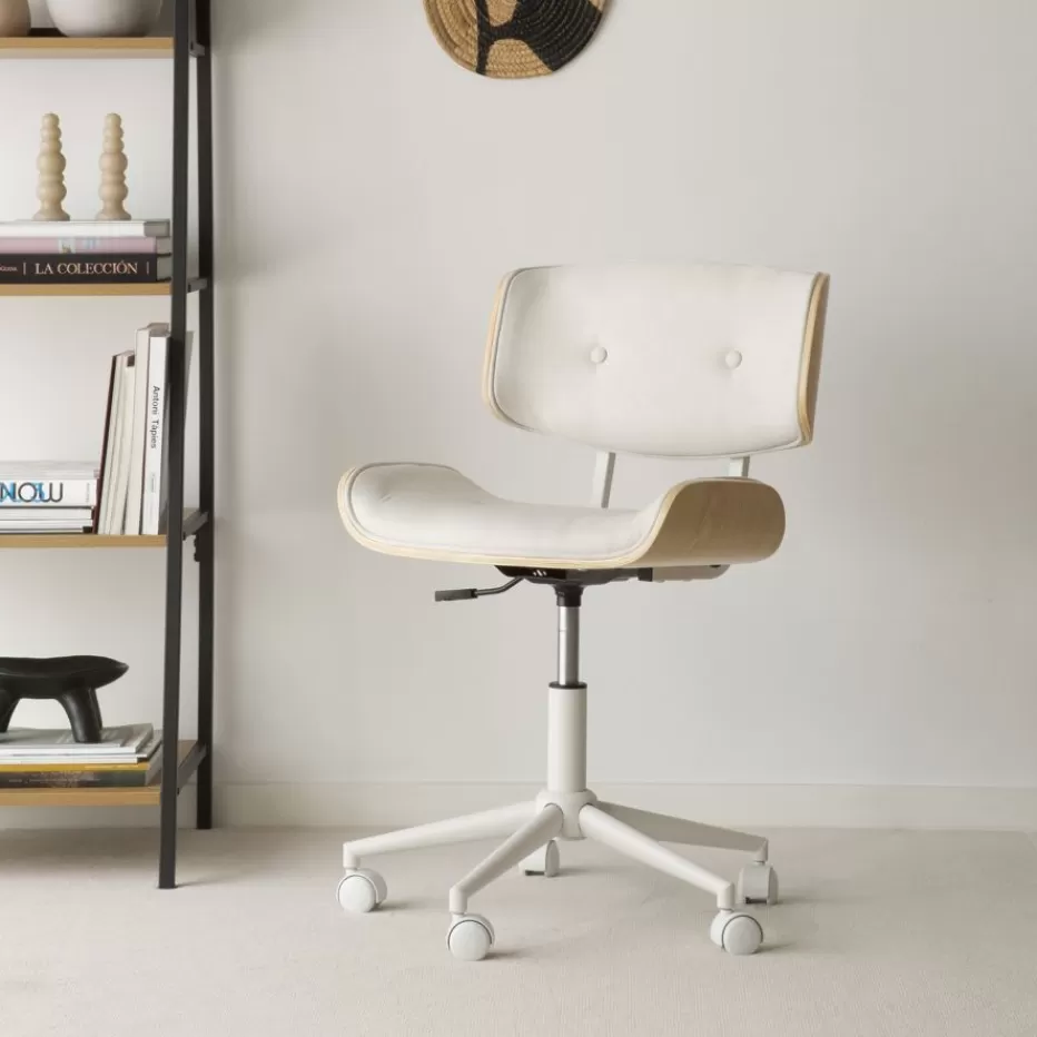 Best Sale Haru Chaise de bureau rembourrée beige avec bois et roulettes Salles À Manger | Chaises De Bureau