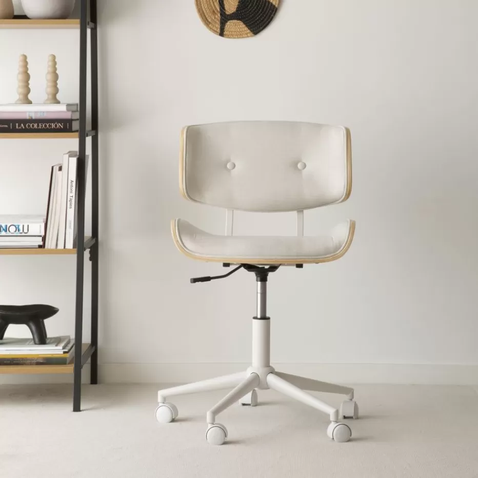 Best Sale Haru Chaise de bureau rembourrée beige avec bois et roulettes Salles À Manger | Chaises De Bureau