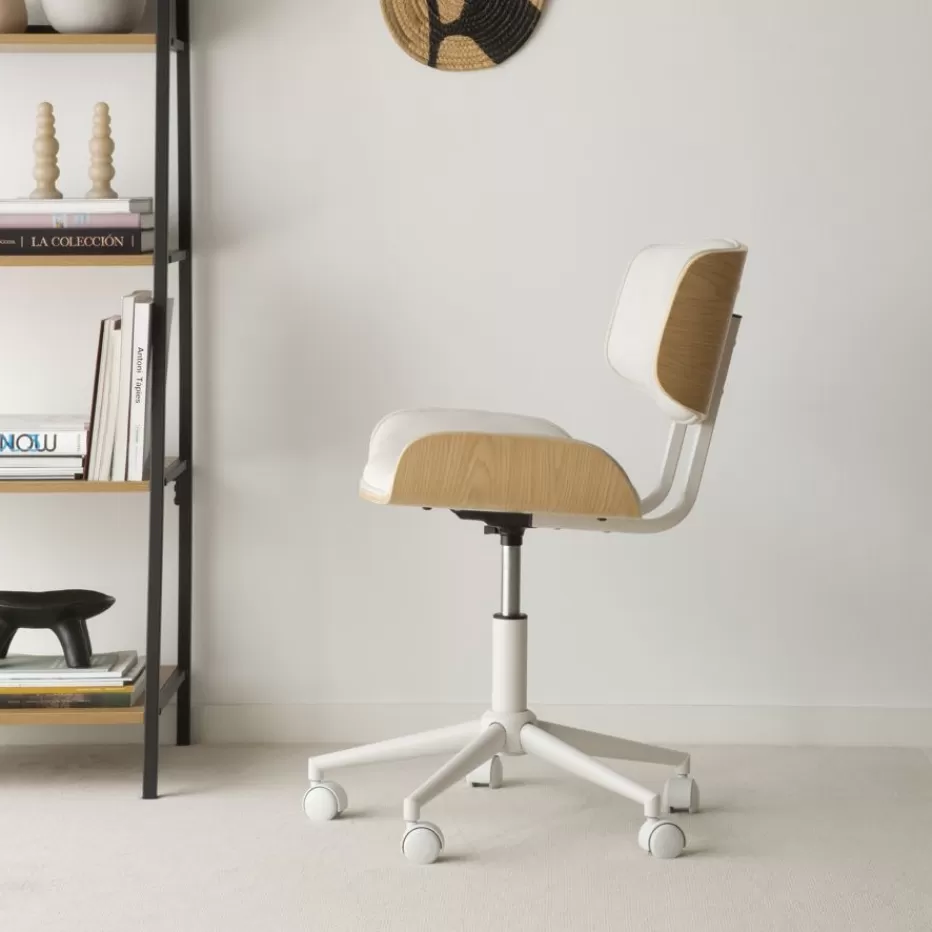 Best Sale Haru Chaise de bureau rembourrée beige avec bois et roulettes Salles À Manger | Chaises De Bureau
