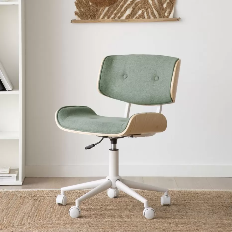 Outlet Haru Chaise de bureau rembourrée en vert avec bois et roulettes Salles À Manger | Chaises De Bureau