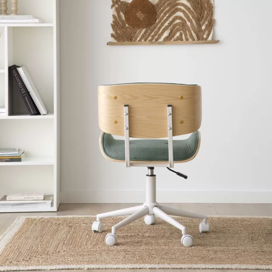 Outlet Haru Chaise de bureau rembourrée en vert avec bois et roulettes Salles À Manger | Chaises De Bureau