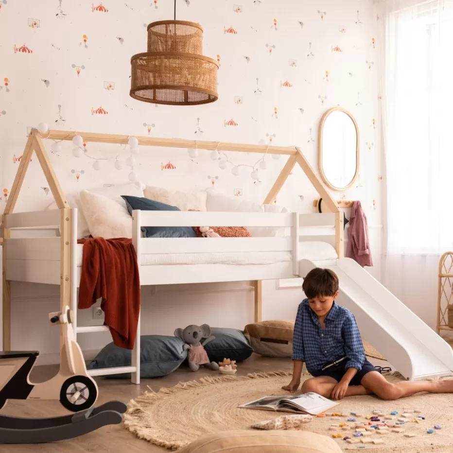 Flash Sale Haus Cama alta con tobogán para colchón de 90x190 lacada en blanco y natural Enfant Chambre Pour Jeunes Et Enfants | Lits Gigogne Et Lits Superposés