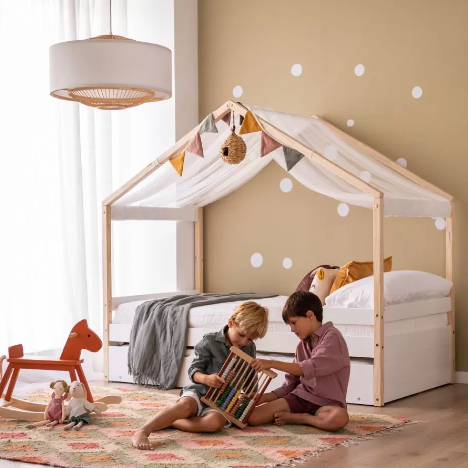 New Haus Cama con forma de casa y somier de arrastre para colchón de 90x190 lacada e Enfant Chambre Pour Jeunes Et Enfants | Lits Gigogne Et Lits Superposés