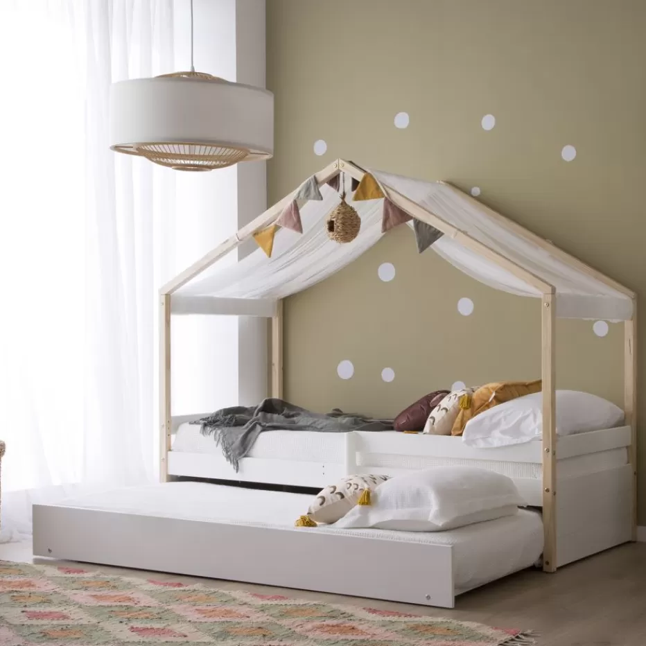 New Haus Cama con forma de casa y somier de arrastre para colchón de 90x190 lacada e Enfant Chambre Pour Jeunes Et Enfants | Lits Gigogne Et Lits Superposés