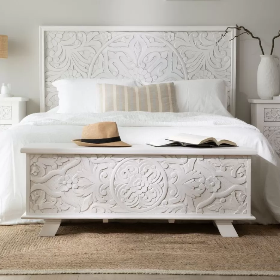 Clearance Indira Coffre de rangement en bois massif blanc sculpté de manguier Bancs Et Coffres | Bancs Et Coffres