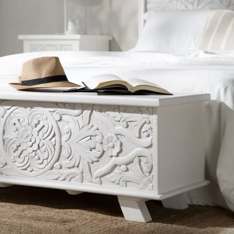 Clearance Indira Coffre de rangement en bois massif blanc sculpté de manguier Bancs Et Coffres | Bancs Et Coffres