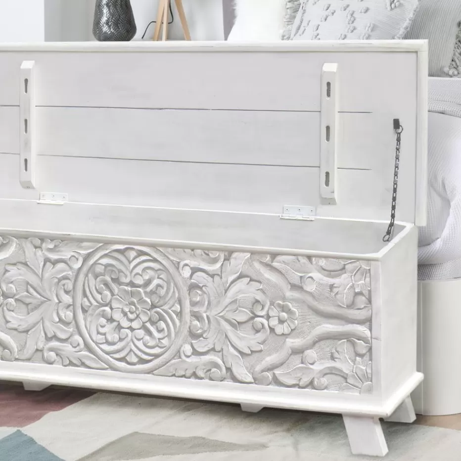 Clearance Indira Coffre de rangement en bois massif blanc sculpté de manguier Bancs Et Coffres | Bancs Et Coffres