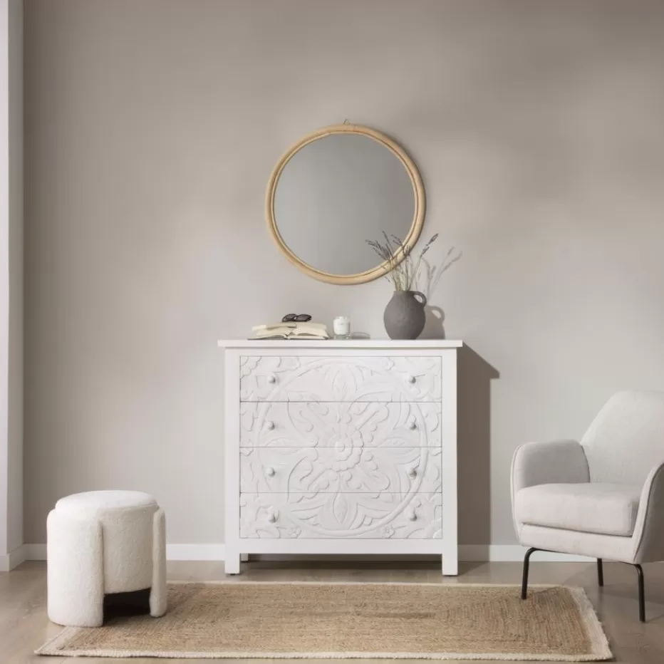 Flash Sale Indira Confortable blanche en bois massif sculpté de manguier Chambre | Meubles Tiroir