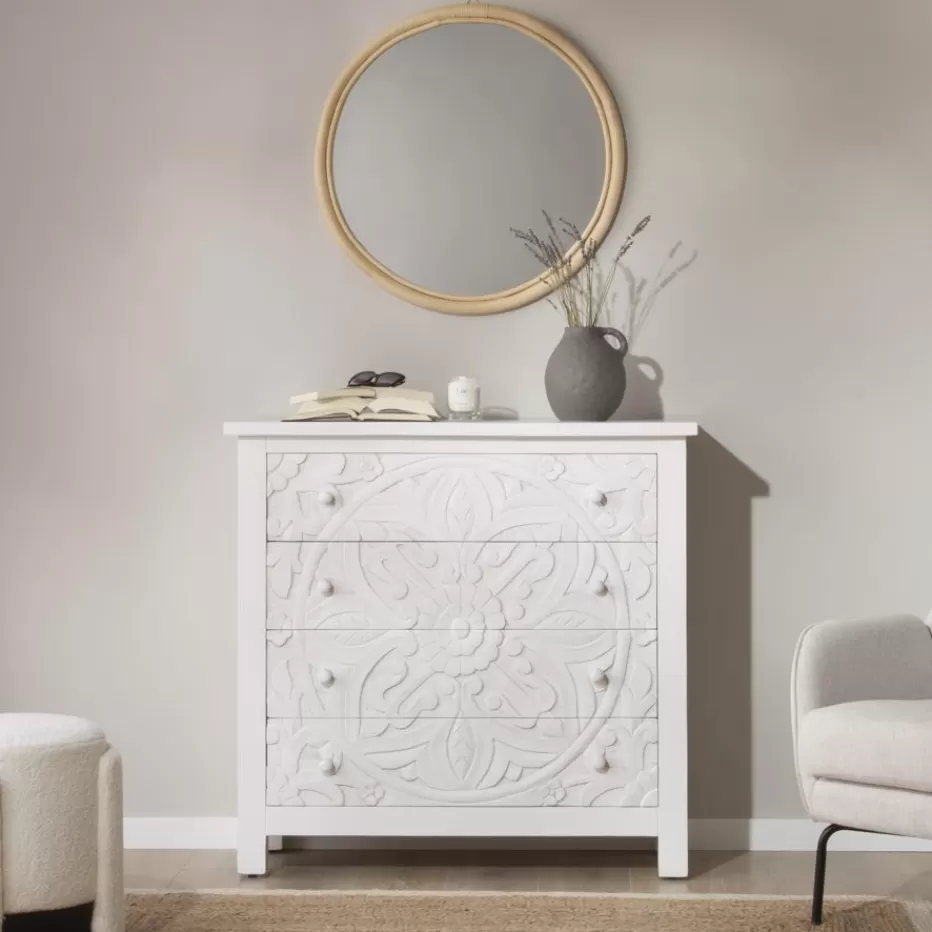 Flash Sale Indira Confortable blanche en bois massif sculpté de manguier Chambre | Meubles Tiroir