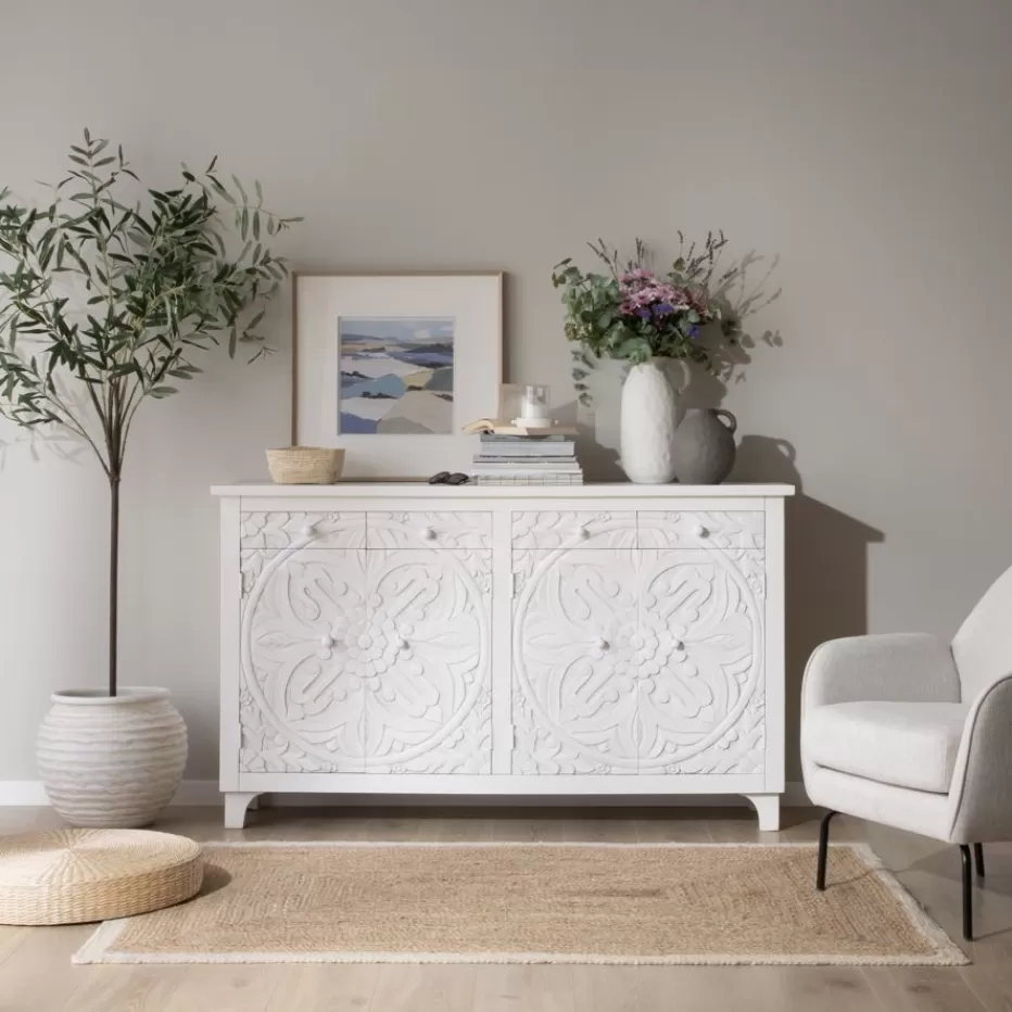 Best Indira Meuble buffet en bois massif blanc sculpté de manguier Salles À Manger | Buffets Et Vitrines