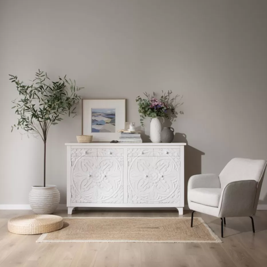 Best Indira Meuble buffet en bois massif blanc sculpté de manguier Salles À Manger | Buffets Et Vitrines