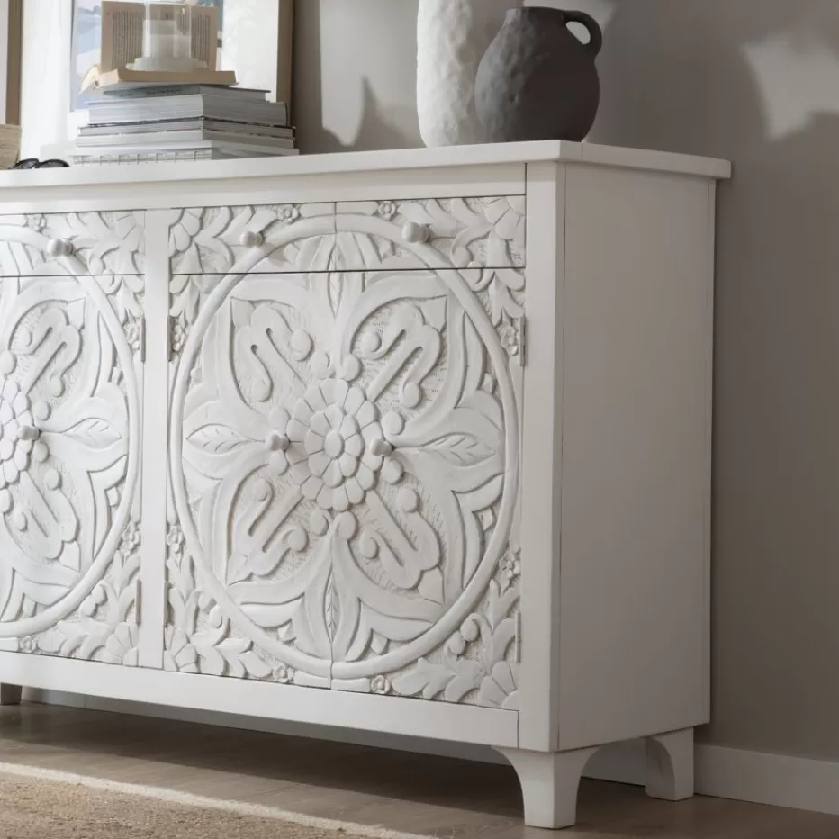 Best Indira Meuble buffet en bois massif blanc sculpté de manguier Salles À Manger | Buffets Et Vitrines