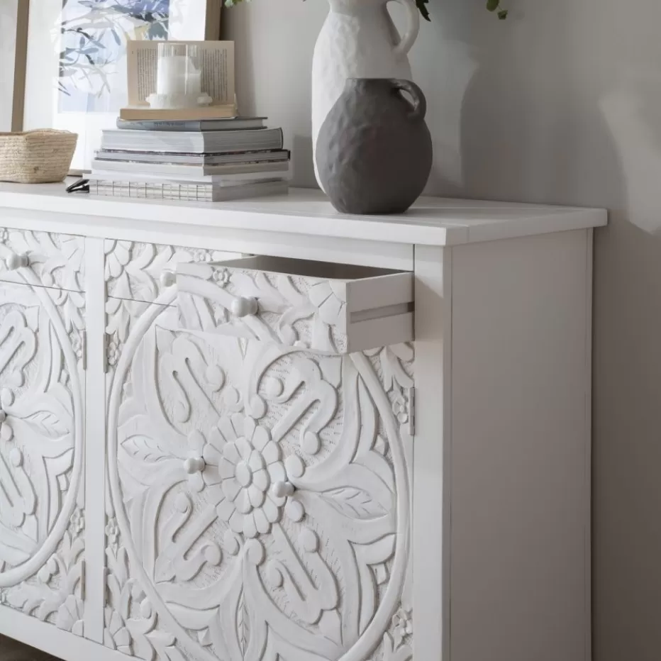 Best Indira Meuble buffet en bois massif blanc sculpté de manguier Salles À Manger | Buffets Et Vitrines