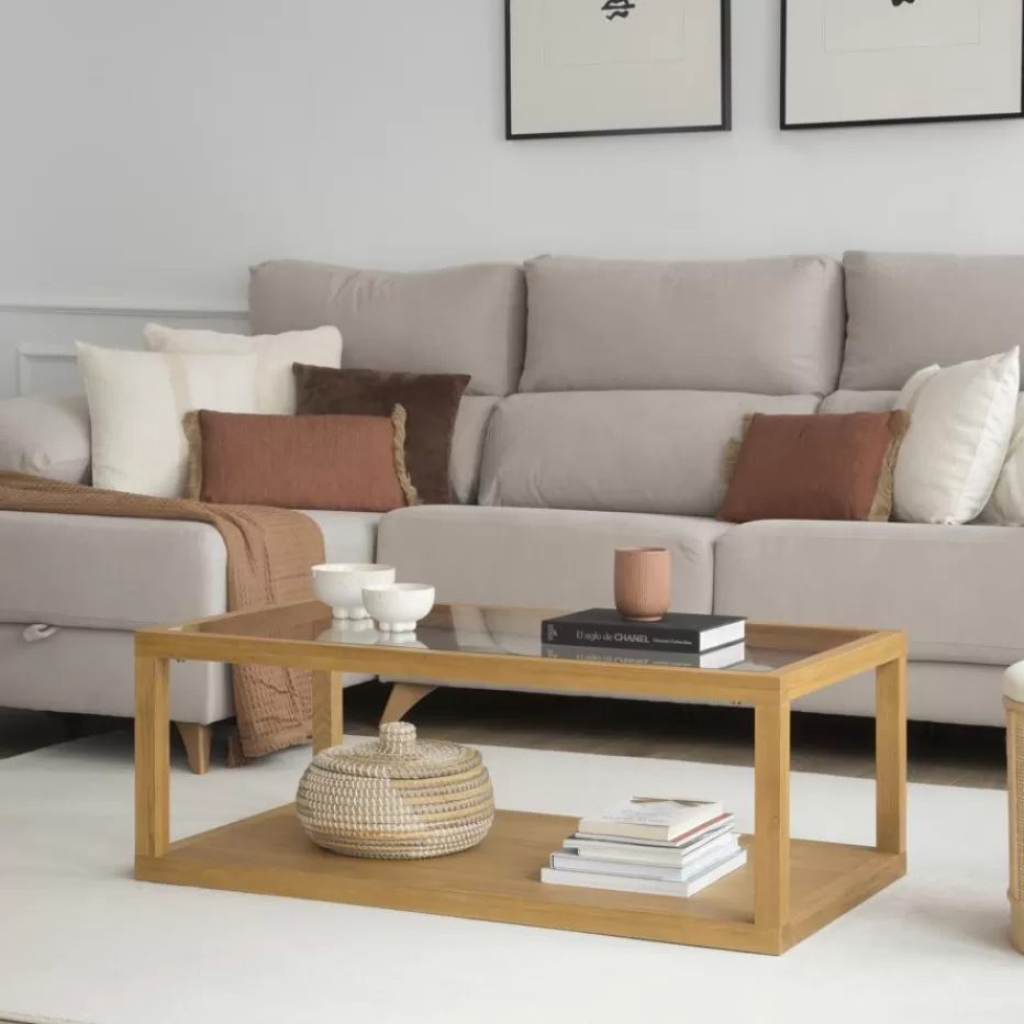 New Juliet Table basse en bois et verre couleur chêne naturel Salon | Tables D'appoint