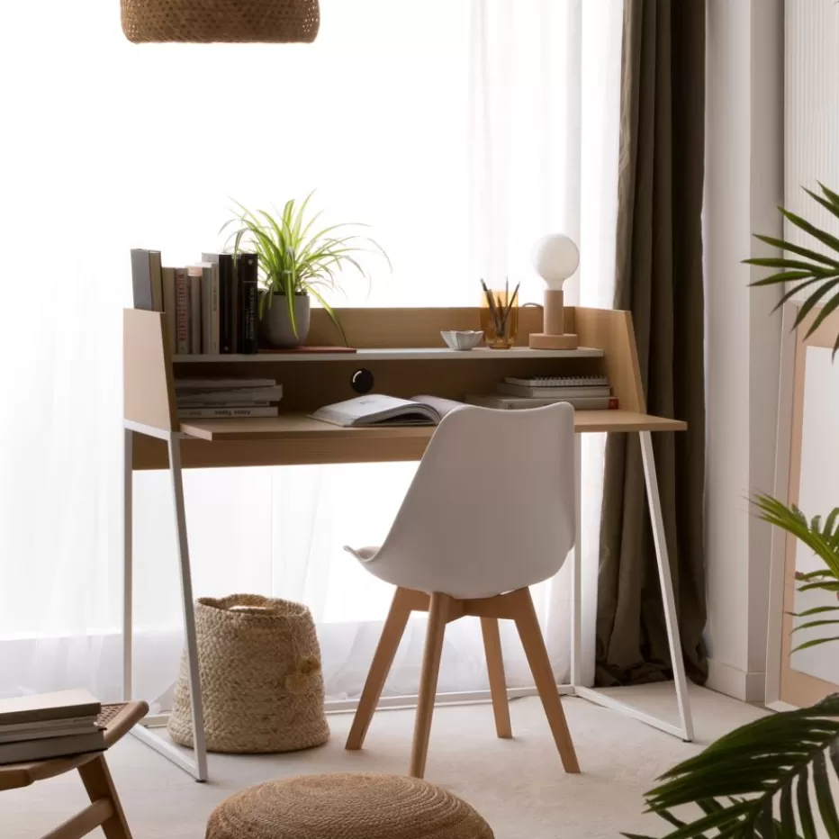Online Matisse Bureau en chêne clair et métal blanc avec étagère Bureau | Bureaux Et Tables D'étude