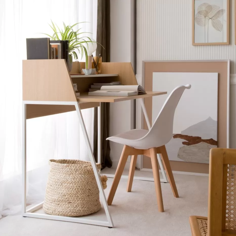 Online Matisse Bureau en chêne clair et métal blanc avec étagère Bureau | Bureaux Et Tables D'étude