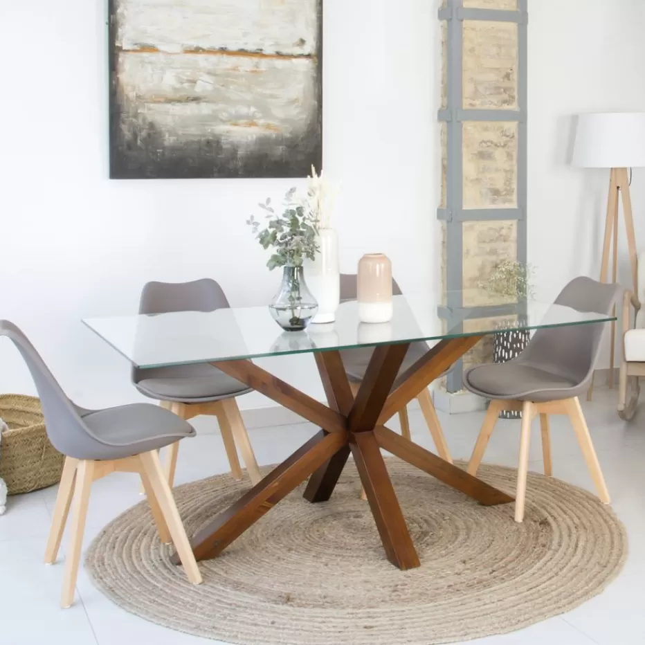 Sale Nurma Table à manger en bois massif de couleur teck et verre de 160x95 Salles À Manger | Tables En Verre