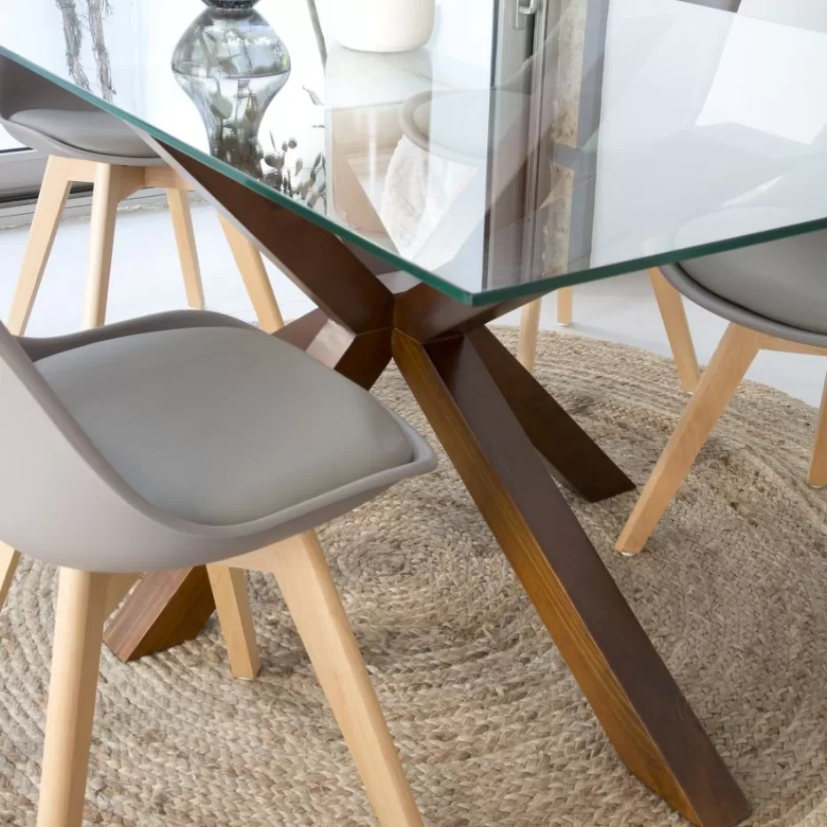 Sale Nurma Table à manger en bois massif de couleur teck et verre de 160x95 Salles À Manger | Tables En Verre