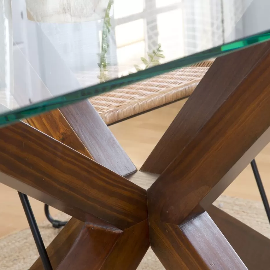 Sale Nurma Table à manger en bois massif de couleur teck et verre de 160x95 Salles À Manger | Tables En Verre