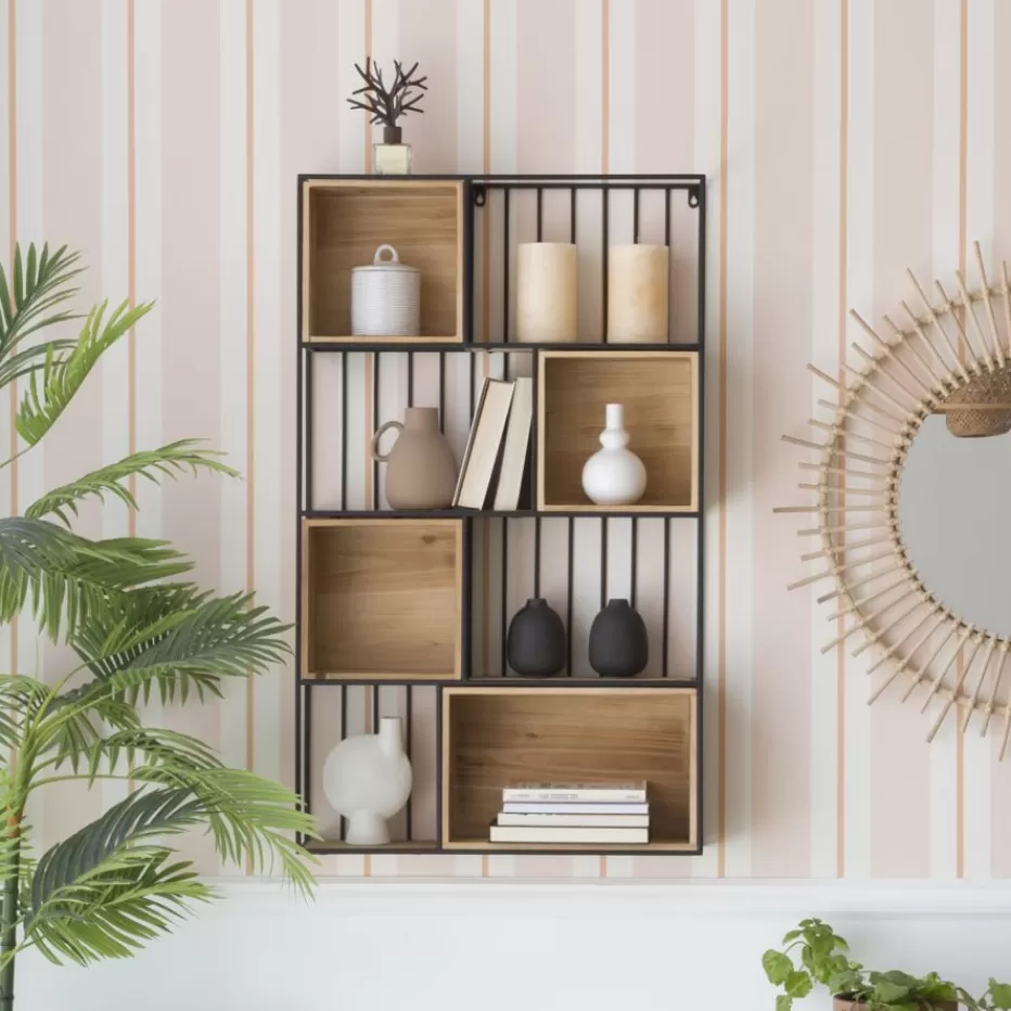 Cheap Shenan étagère murale en bois et métal noir Étagères Murales Et Cubes | Étagères Murales Et Cubes