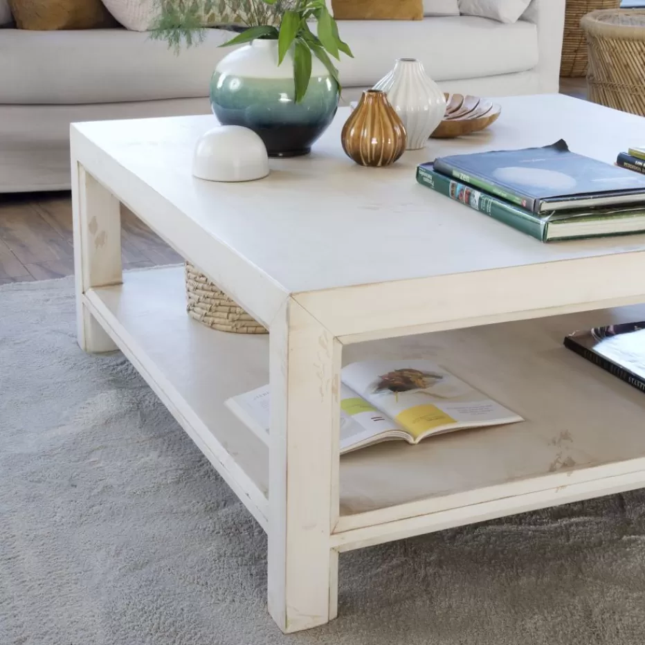 Best Soho Table basse en bois massif carrée en blanc décapé Salon | Tables D'appoint