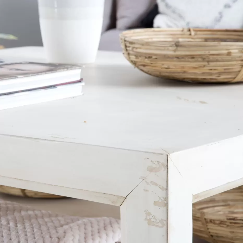 Best Soho Table basse en bois massif carrée en blanc décapé Salon | Tables D'appoint