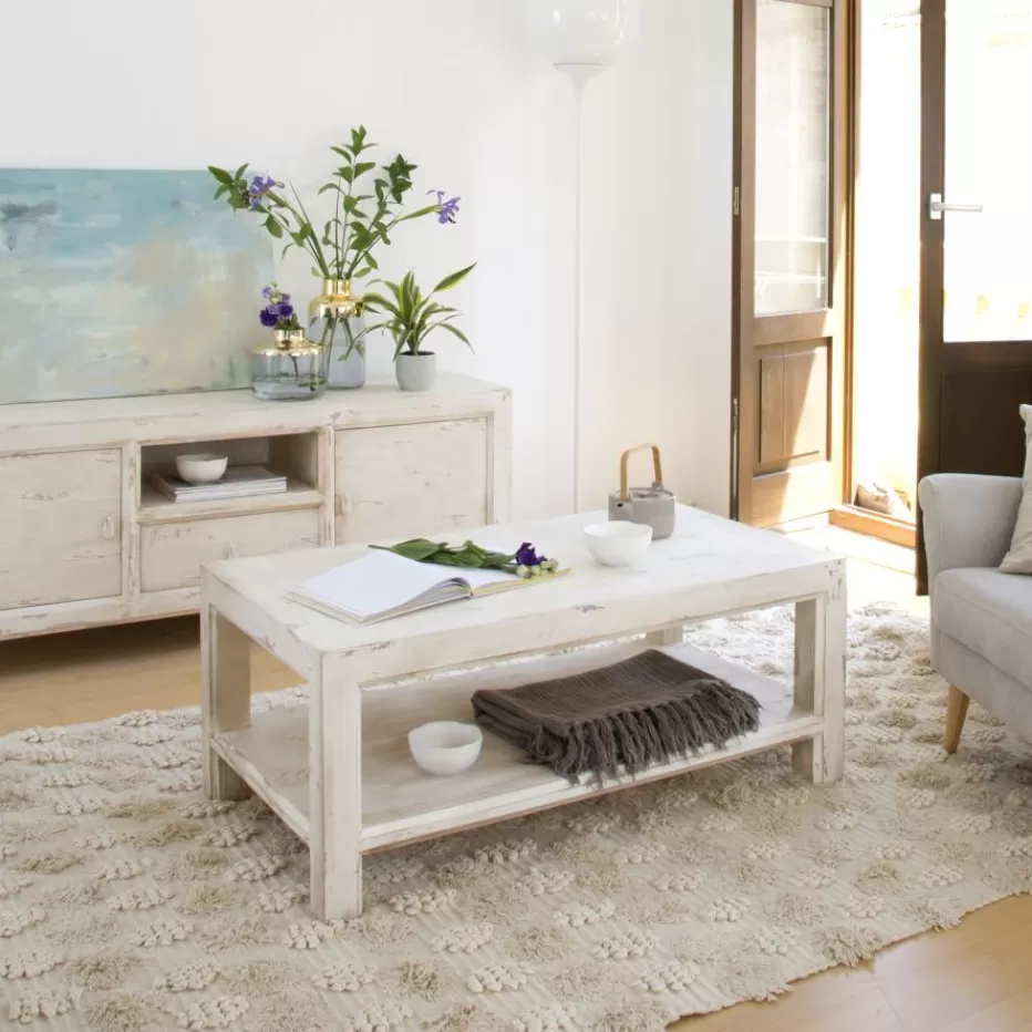 New Soho Table basse rectangulaire en bois massif de couleur blanc décapé Salon | Tables D'appoint