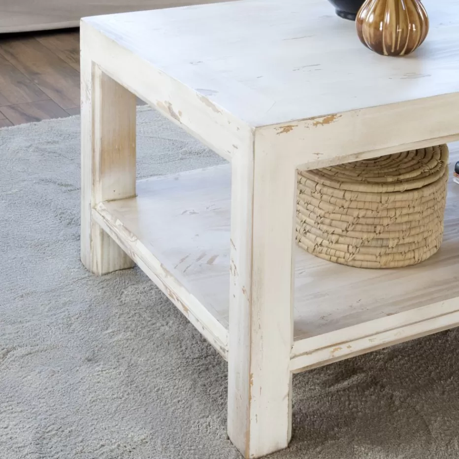 New Soho Table basse rectangulaire en bois massif de couleur blanc décapé Salon | Tables D'appoint