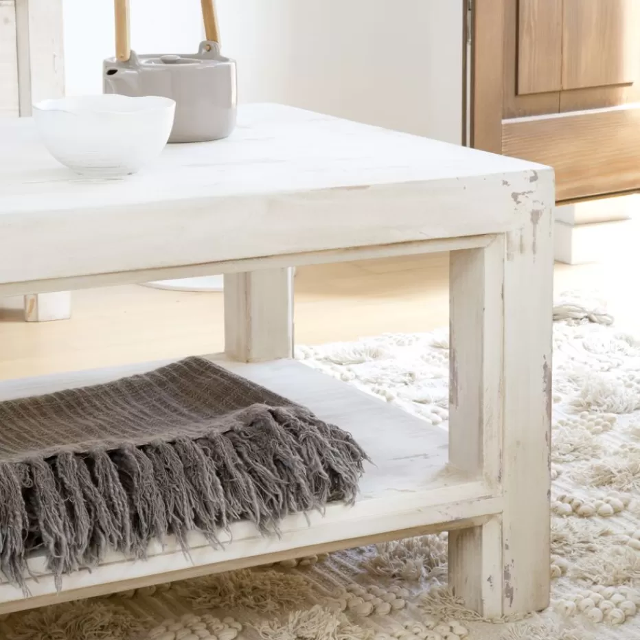 New Soho Table basse rectangulaire en bois massif de couleur blanc décapé Salon | Tables D'appoint